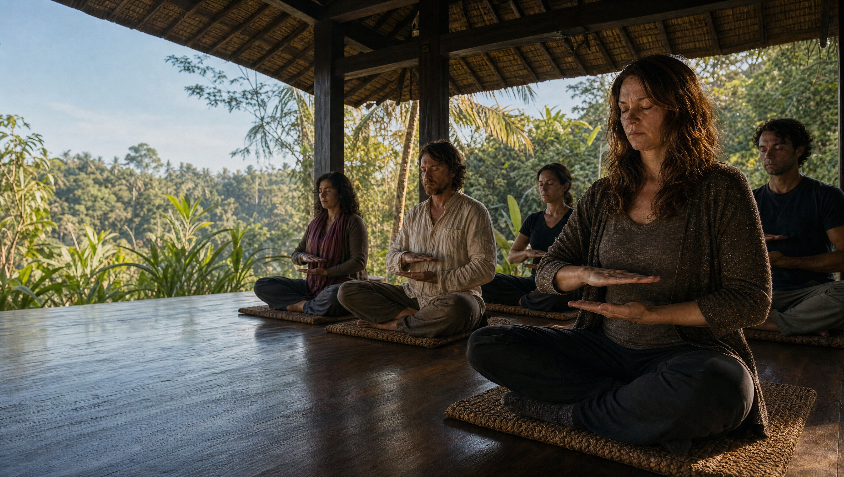 Counterplane Awakening practice circle in an open-air tropical shala