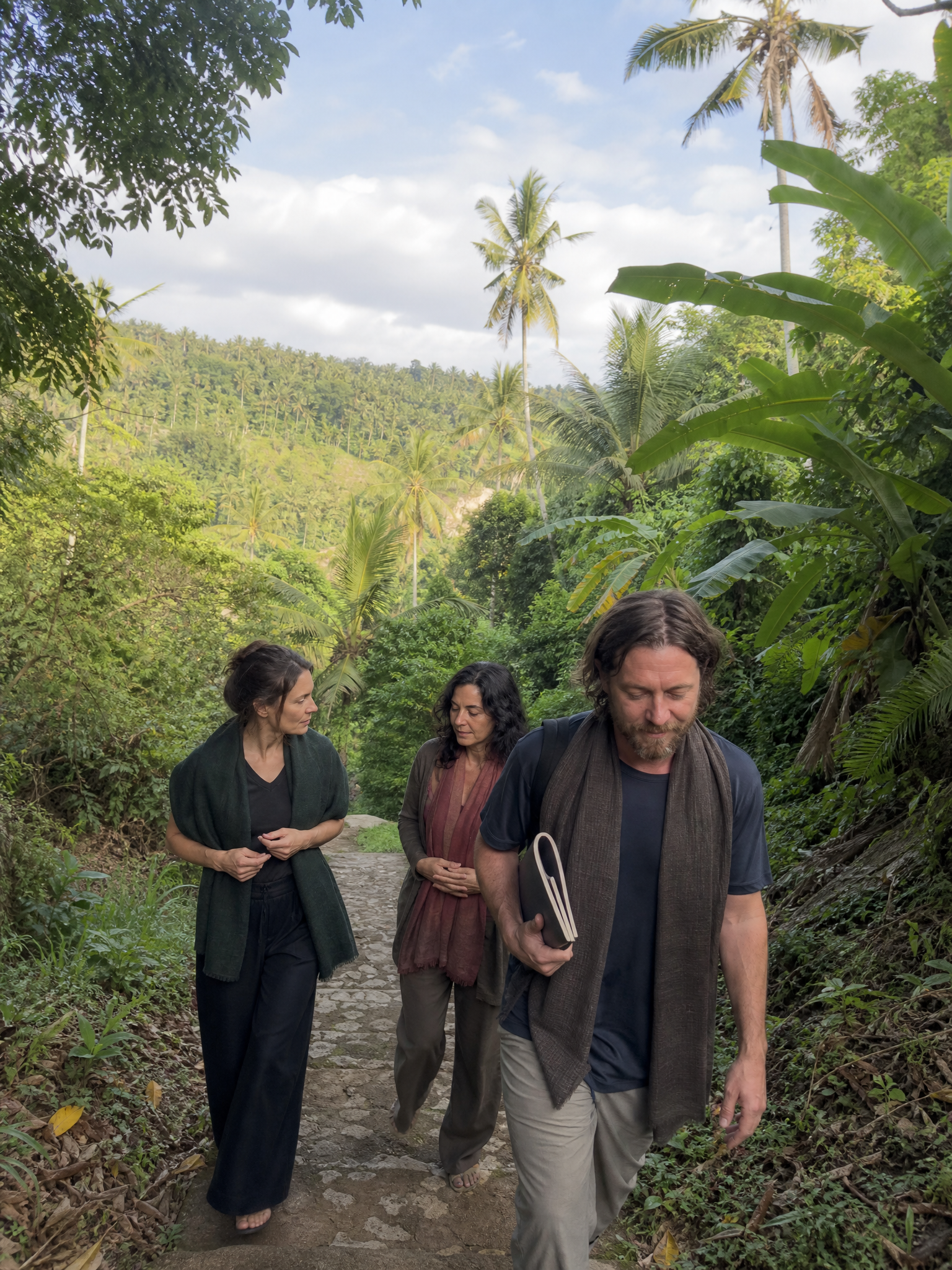 Counterplane Awakening retreat participants walking through tropical grounds