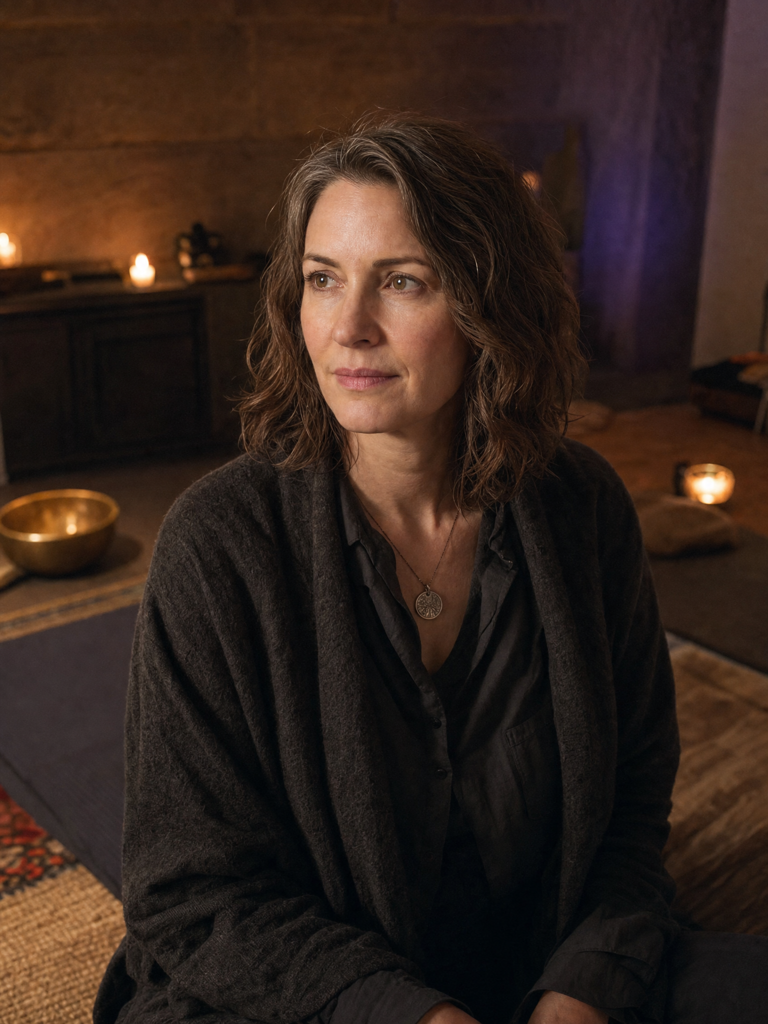 Sera Lorne in a candlelit Counterplane Awakening retreat room
