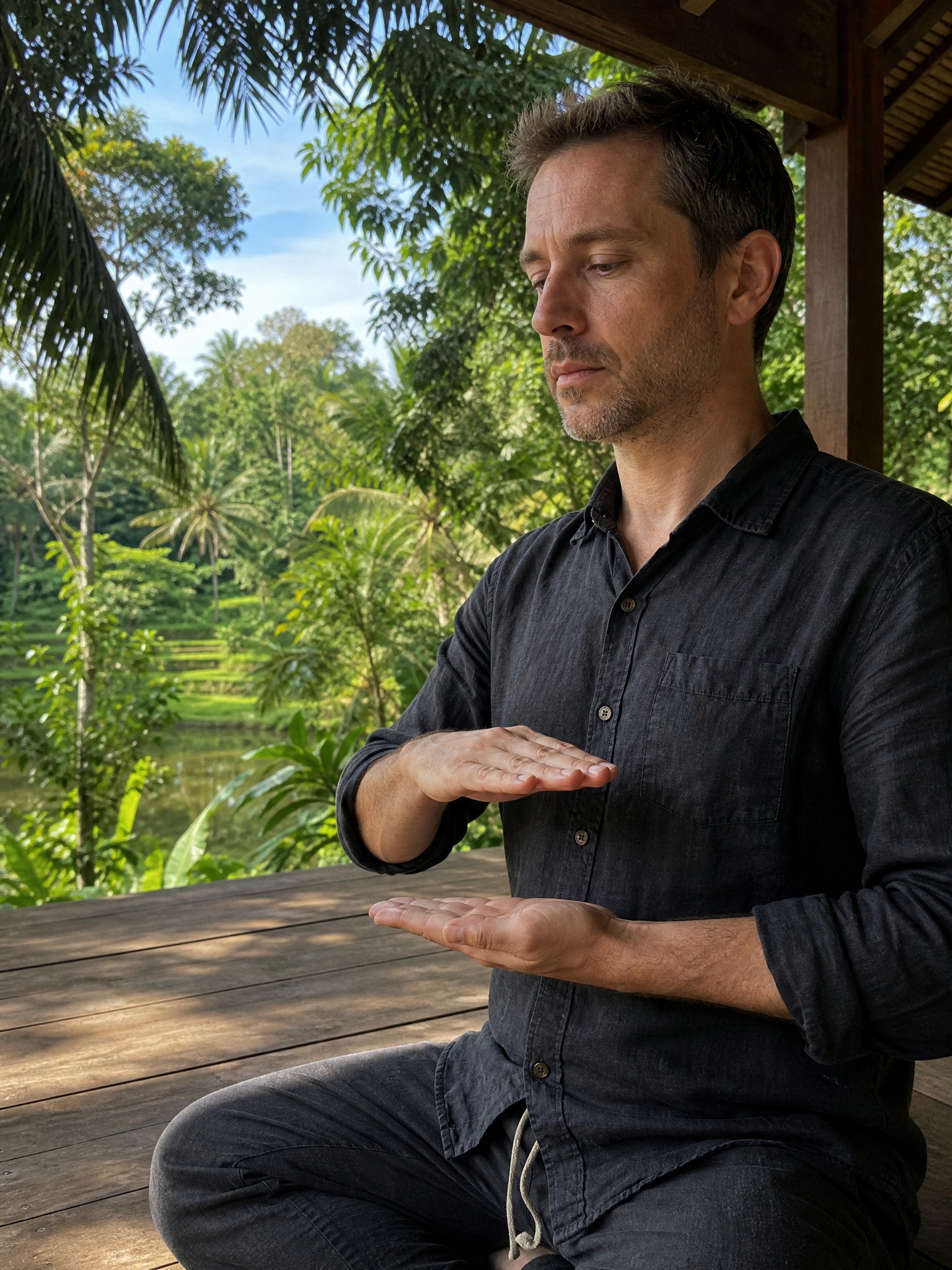 Participant practising on an open-air tropical deck