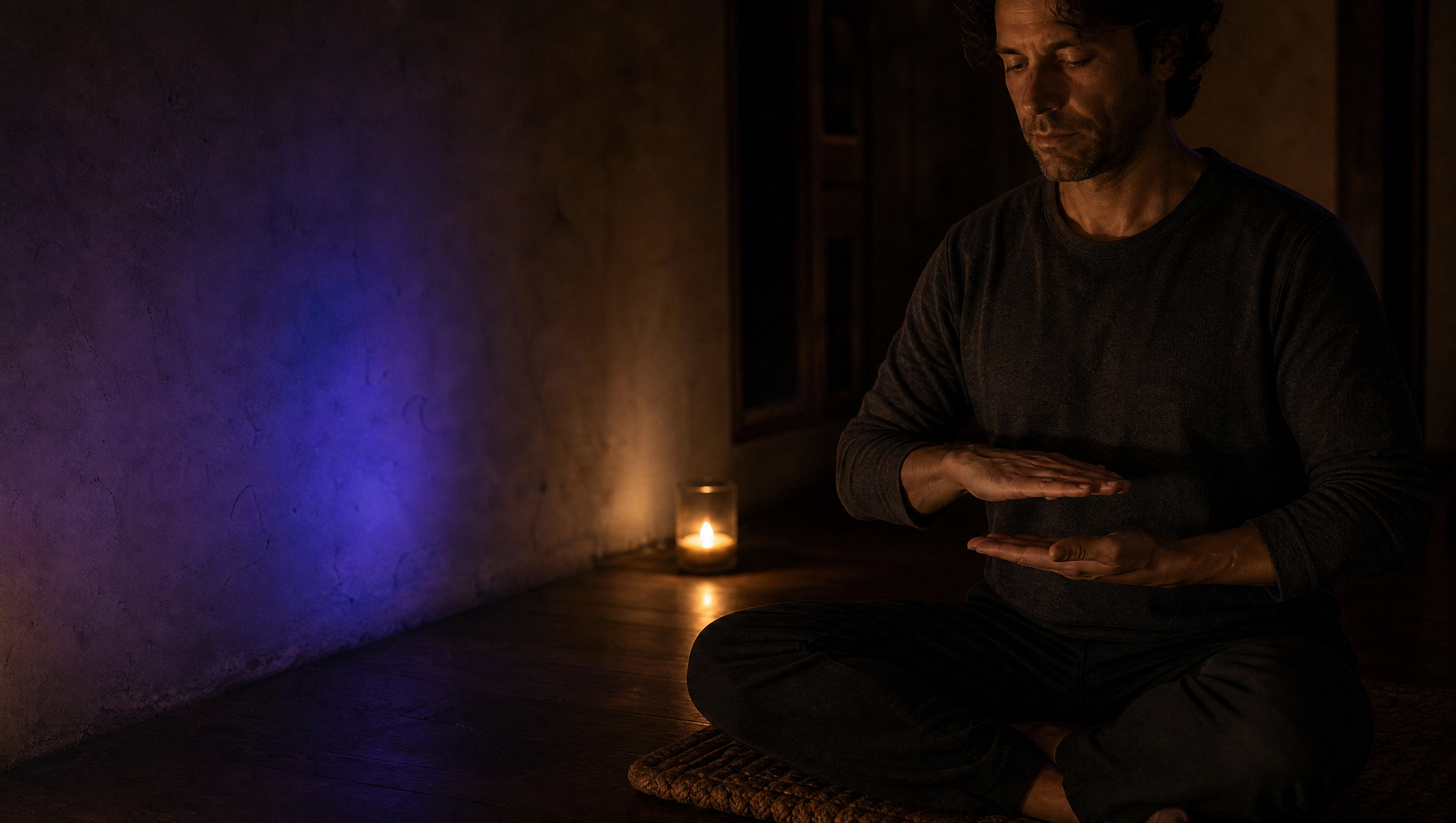 Participant practising quietly in a candlelit Counterplane Awakening room