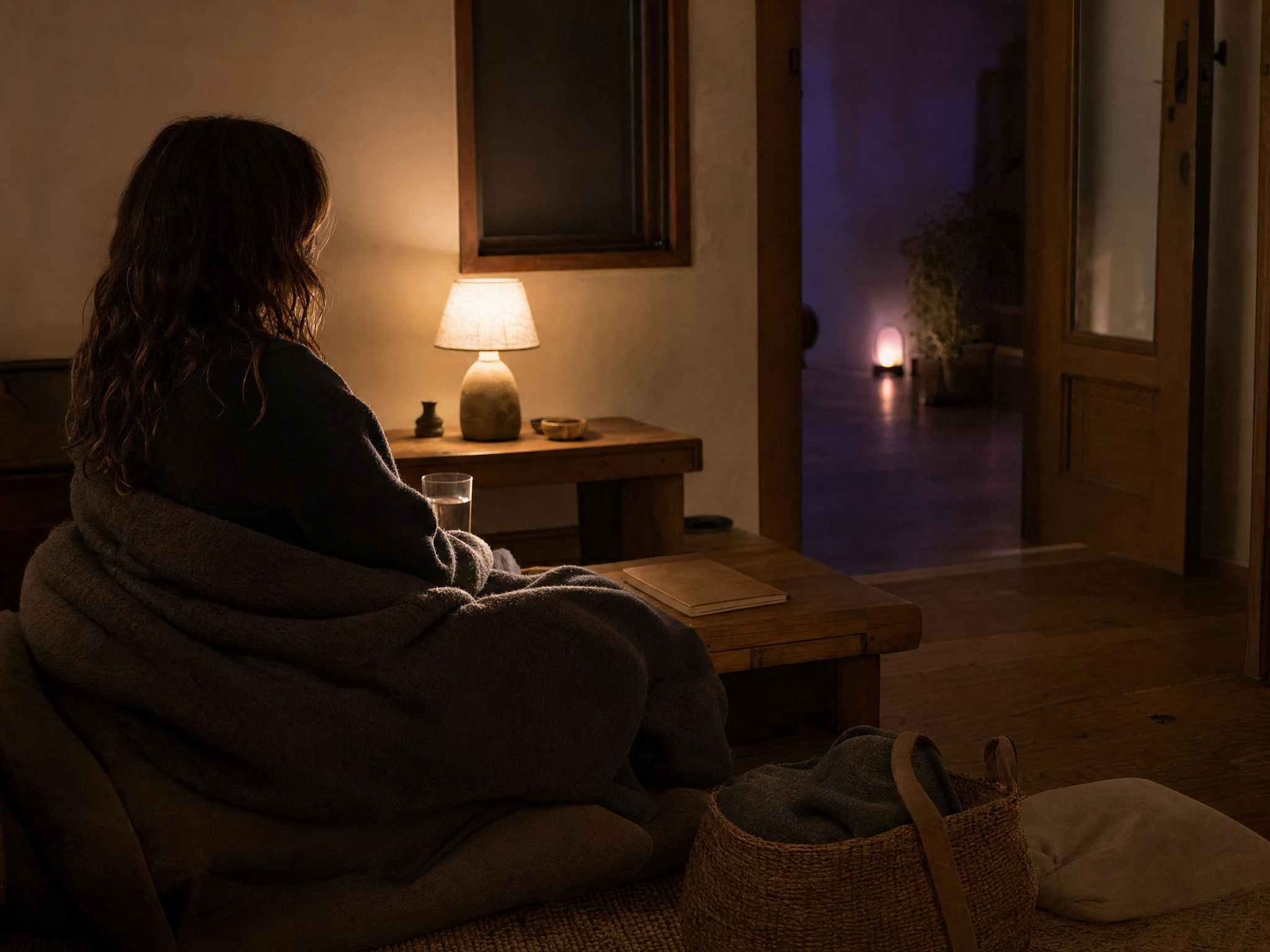 Participant resting with water and a blanket in a quiet Counterplane Awakening room