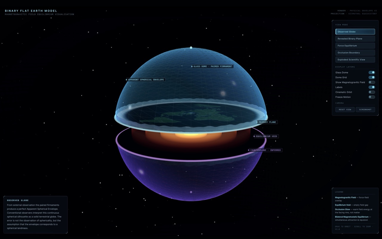 Preview of the Binary Flat Earth Model showing transparent firmaments, Primary Plane, Counterplane, and the boundary field